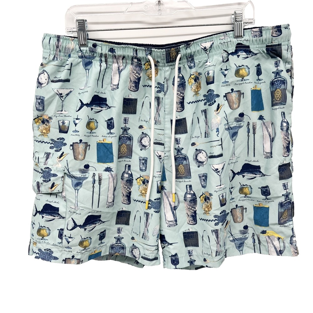 TOMMY BAHAMA Men's XL Blue Cocktails Marlins Pelicans Turtles 5.5" Swim Trunks